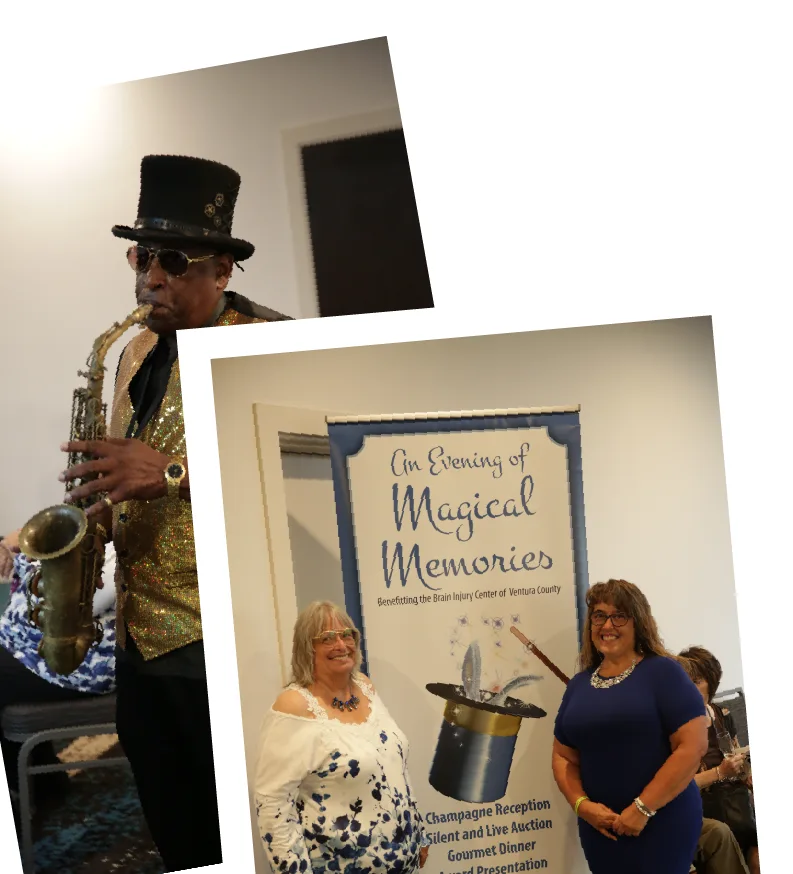 Two photos from the 2024 EOMM fundraising gala with a male saxaphone player with a tall top hat and another photo of two ladies posing in front of the EOMM popup banner.