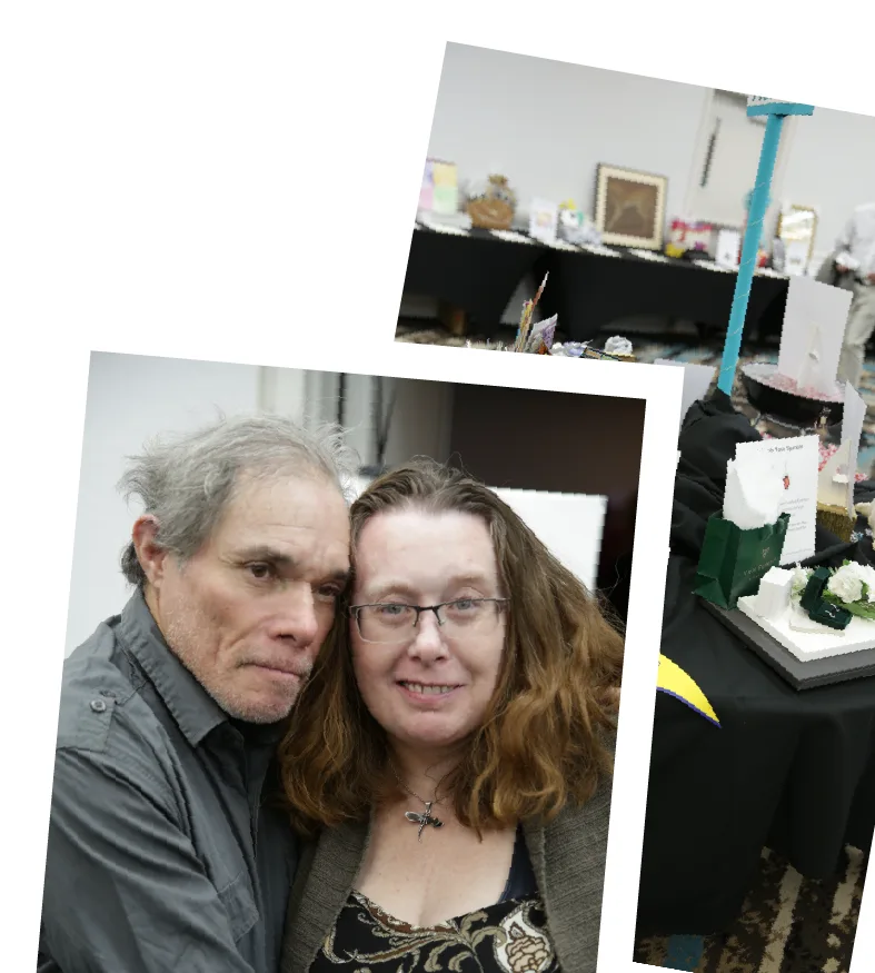 Two photos from the 2024 EOMM fundraising gala with auction items laid out on a multiple tables and another photo of an older man & woman posing together for the camera.